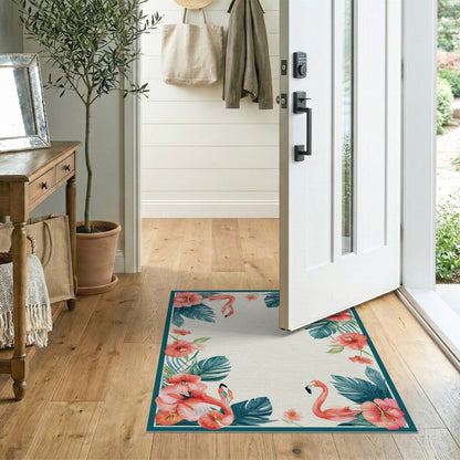 Floral Vintage Pink Flamingo Hibiscus Washable Area Rug