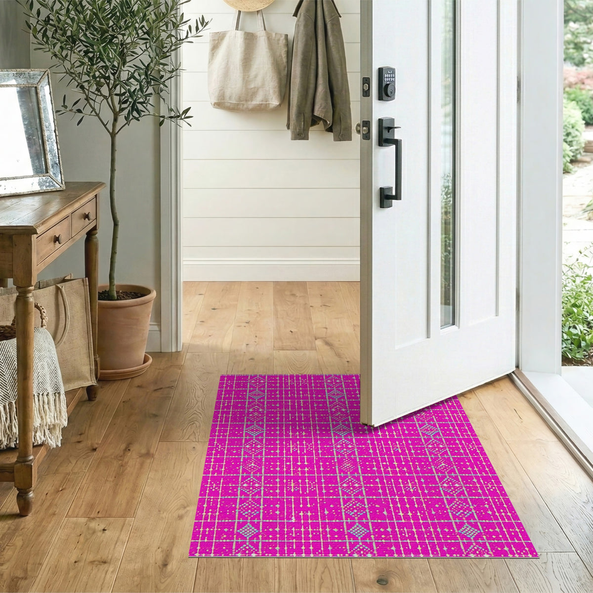 Vibrant Pink Geometric Grid Pink Area Rug