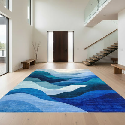Teal Blue Layered Waves Rug