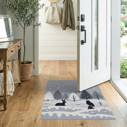 Black White Winter Owl Rabbit Area Rug