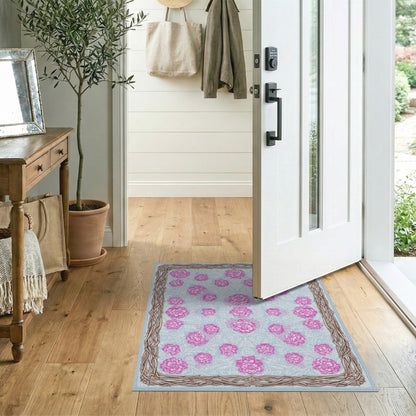 Pink Floral Vintage Area Rug with Woven Border