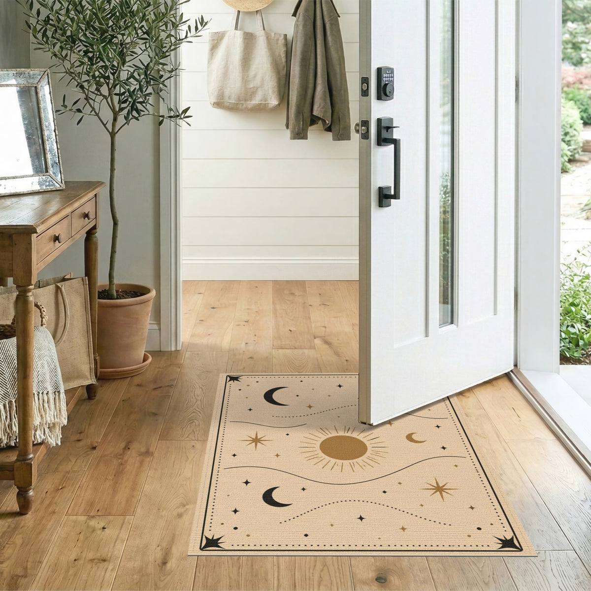 Boho Celestial Beige Area Rug with Sun and Moons