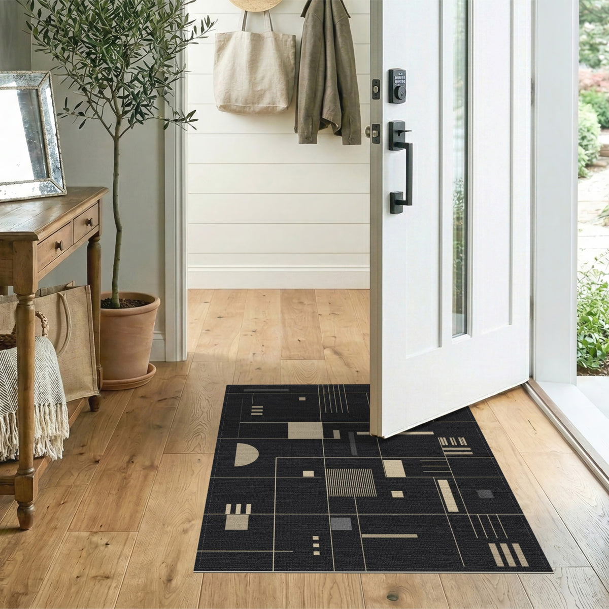 Black and White Modern Geometric Black Area Rug