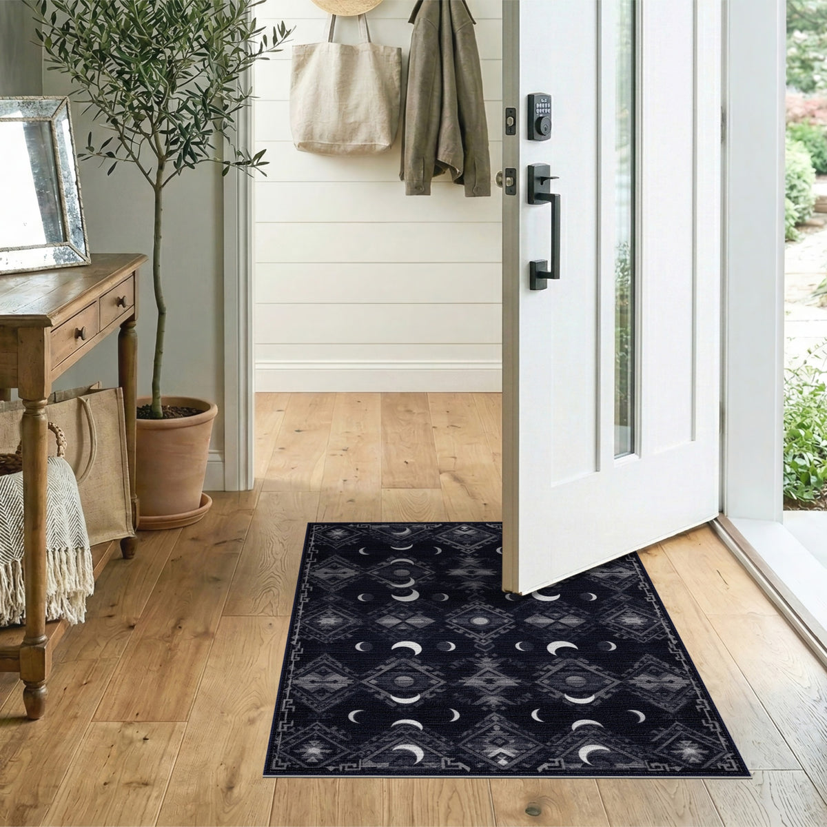 Black White Moon Phase Tribal Area Rug