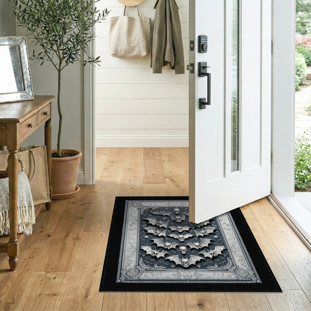 Black and White Gothic Skull Bat Black White Area Rug