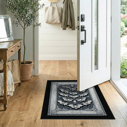 Black and White Gothic Skull Bat Black White Area Rug