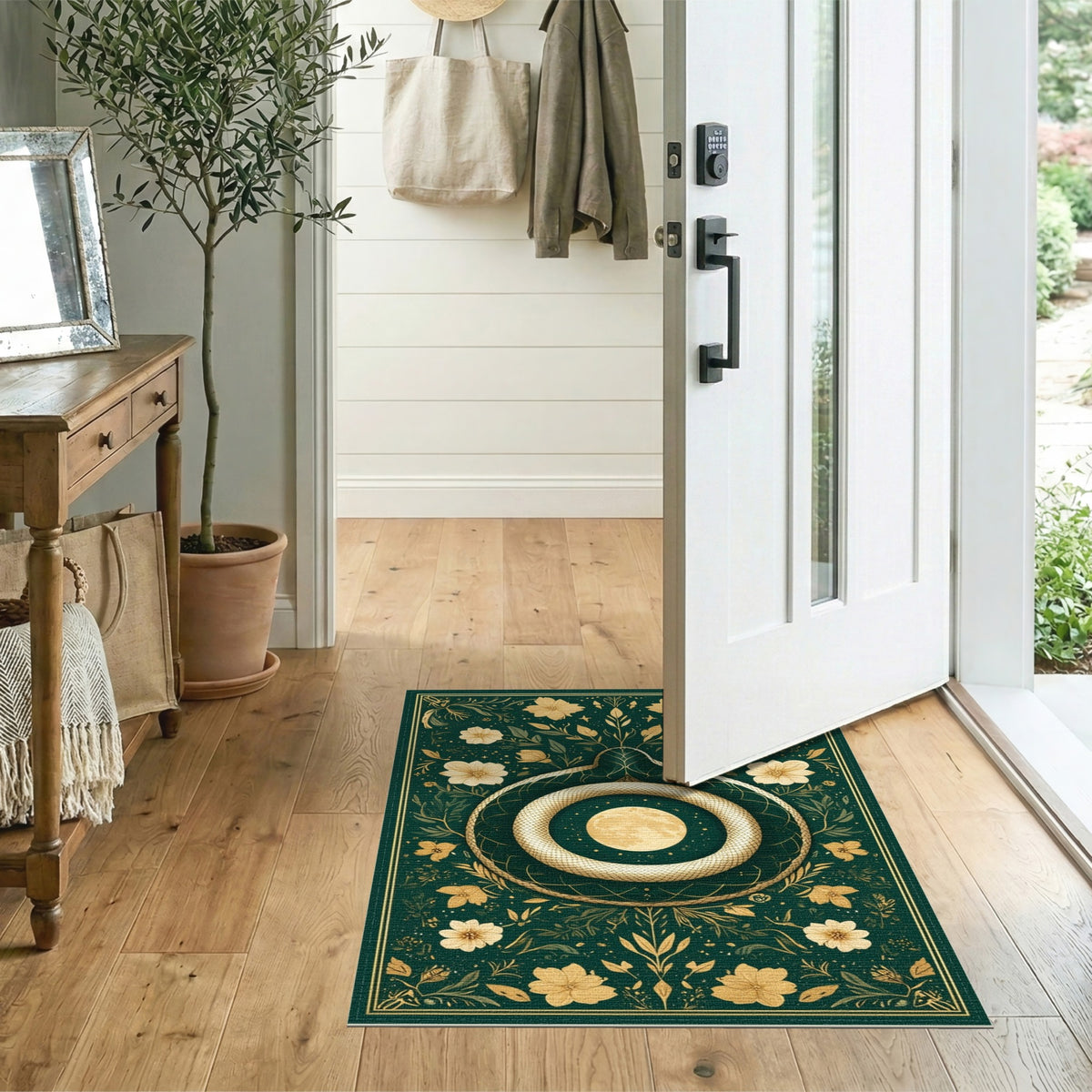 Golden Serpent Moon Floral Green Area Rug