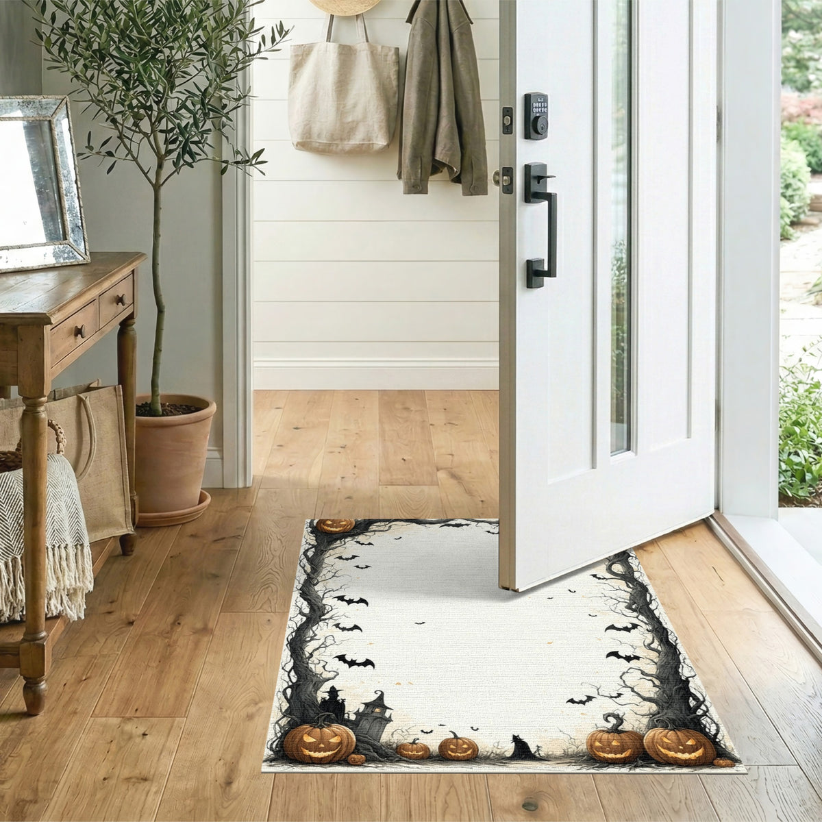 Spooky Halloween Pumpkin Bat Border Area Rug
