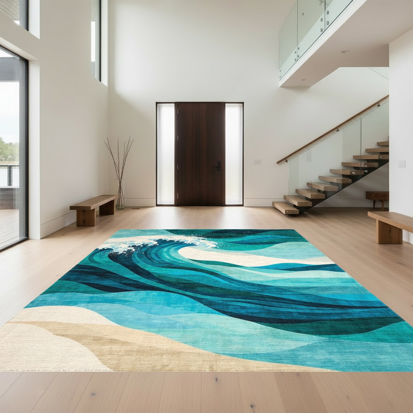 Abstract Teal Green Waves Rug