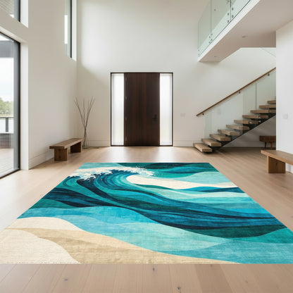 Abstract Teal Green Waves Rug