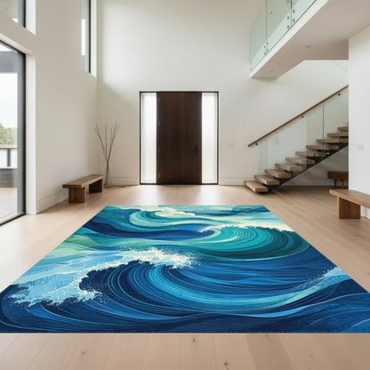 Teal Layered Ocean Waves Rug