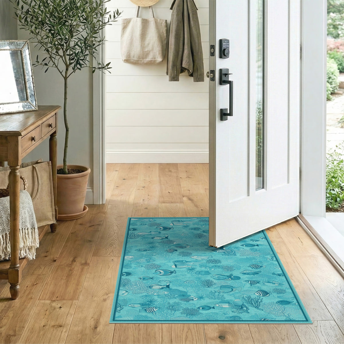 Teal Ocean Fish Coral Area Rug
