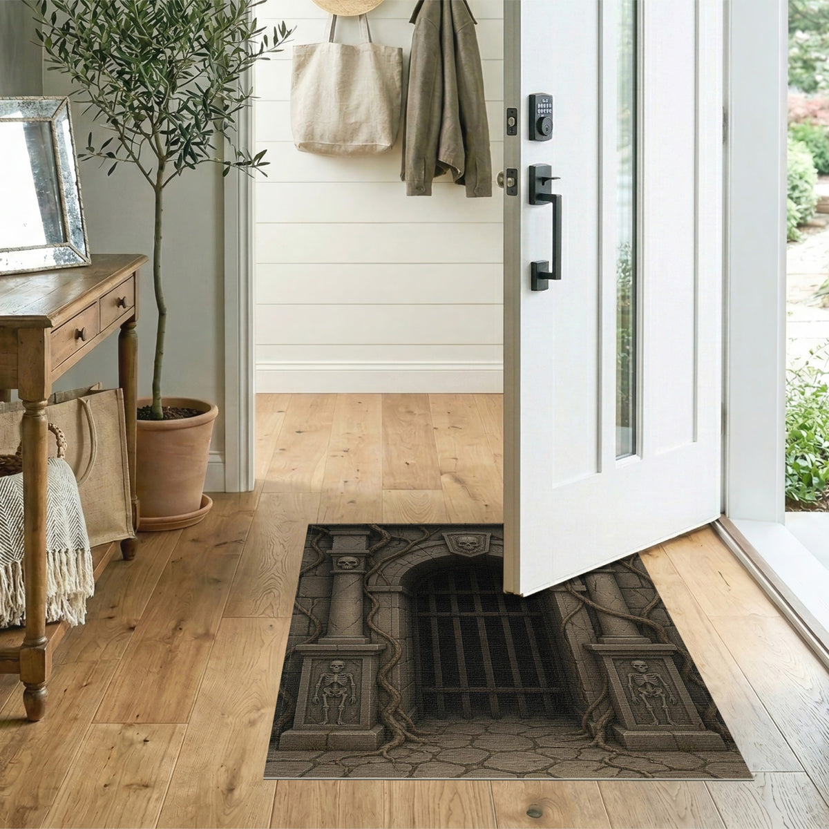 Gothic Dungeon Skull Arch Grey Area Rug