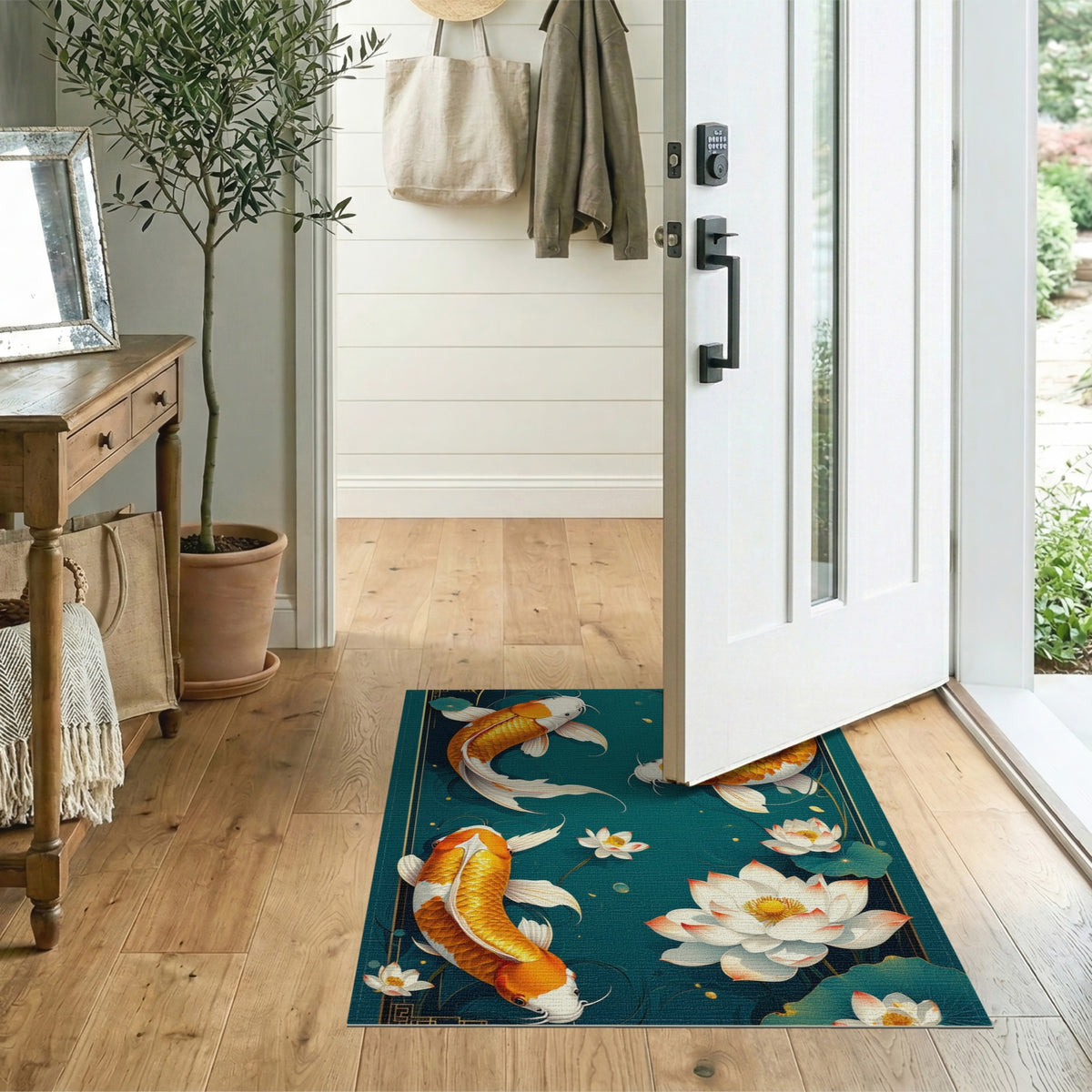 Floral Vintage Teal Koi Lotus Washable Area Rug