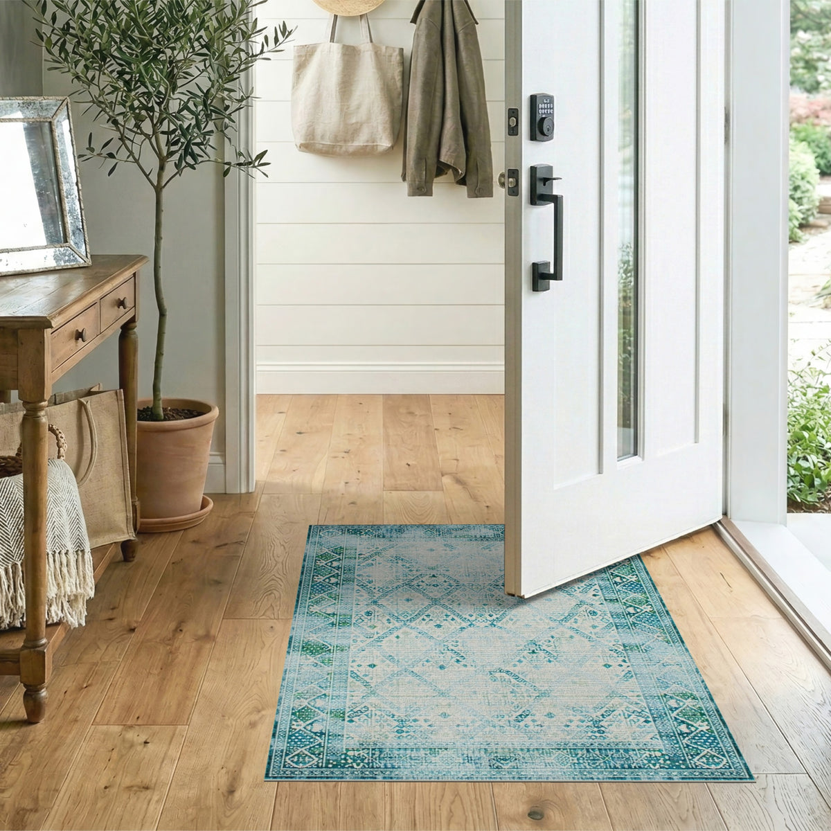 Distressed Blue Teal Vintage Geometric Area Rug