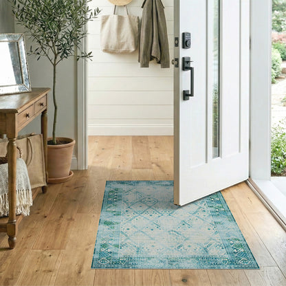 Distressed Blue Teal Vintage Geometric Area Rug