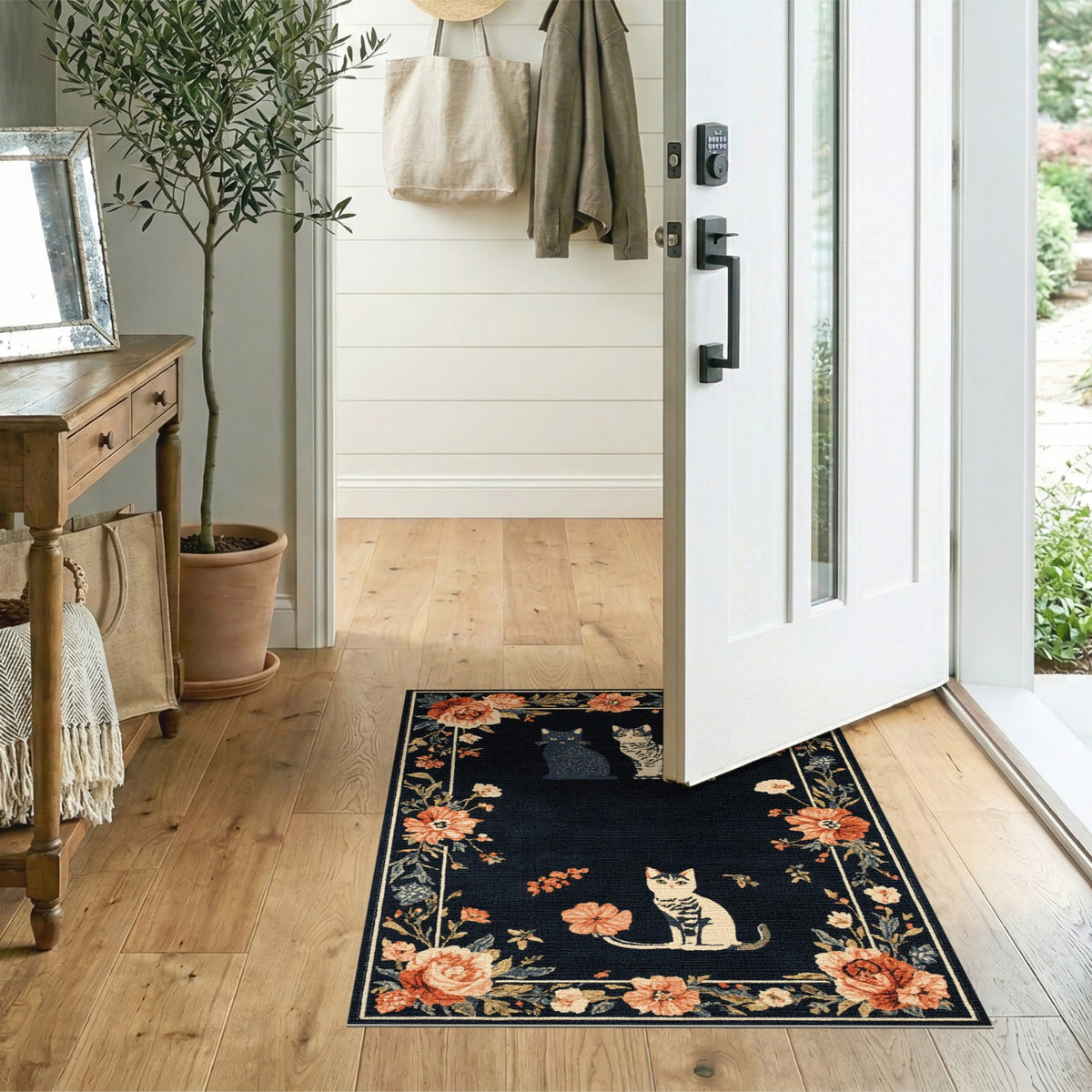 Black and White Black Cat Floral Vintage Area Rug