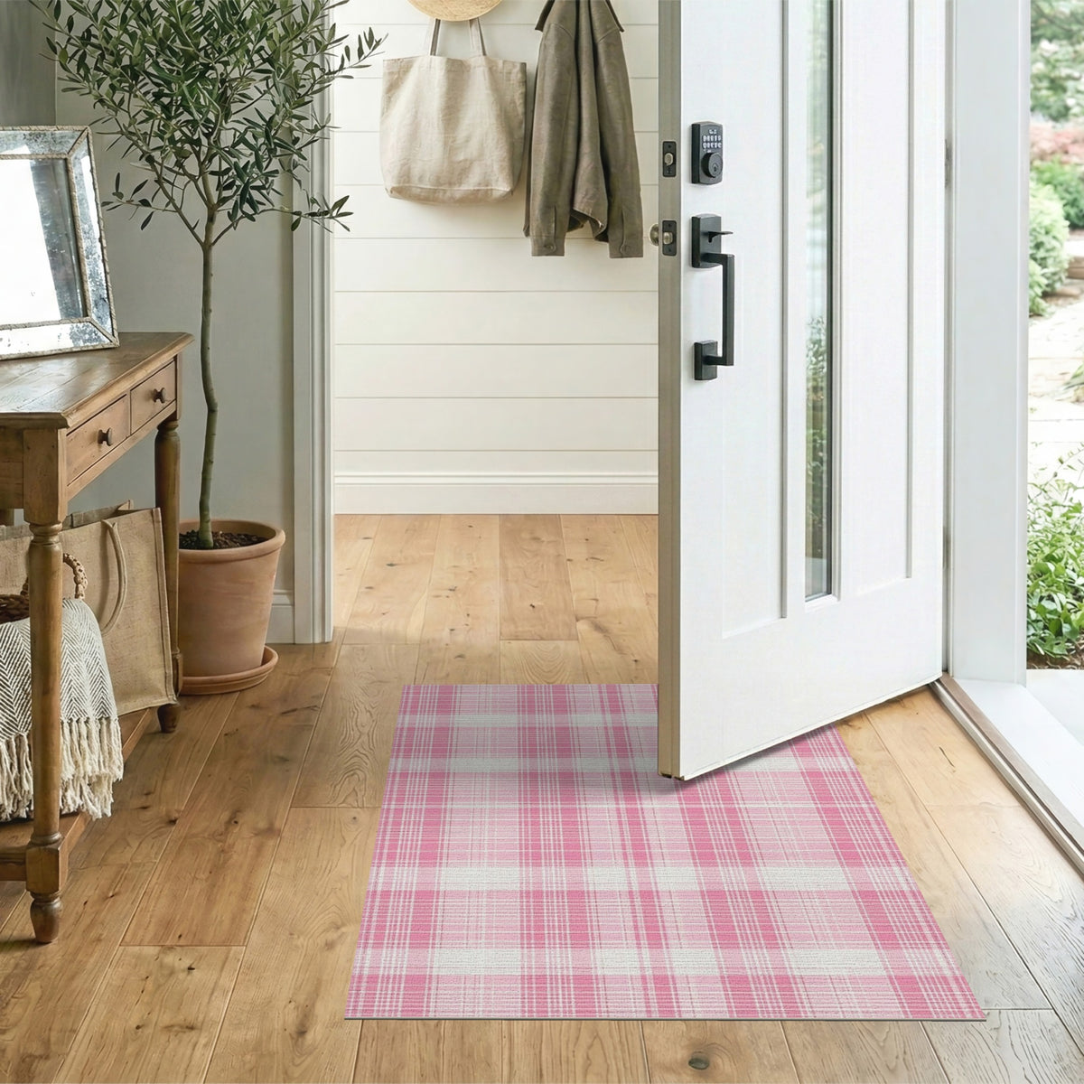 Geometric Modern Plaid Pink Plaid Washable Area Rug