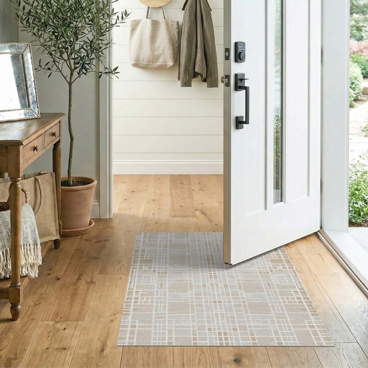 Grid Beige and Neutral Beige Geometric Grid Area Rug