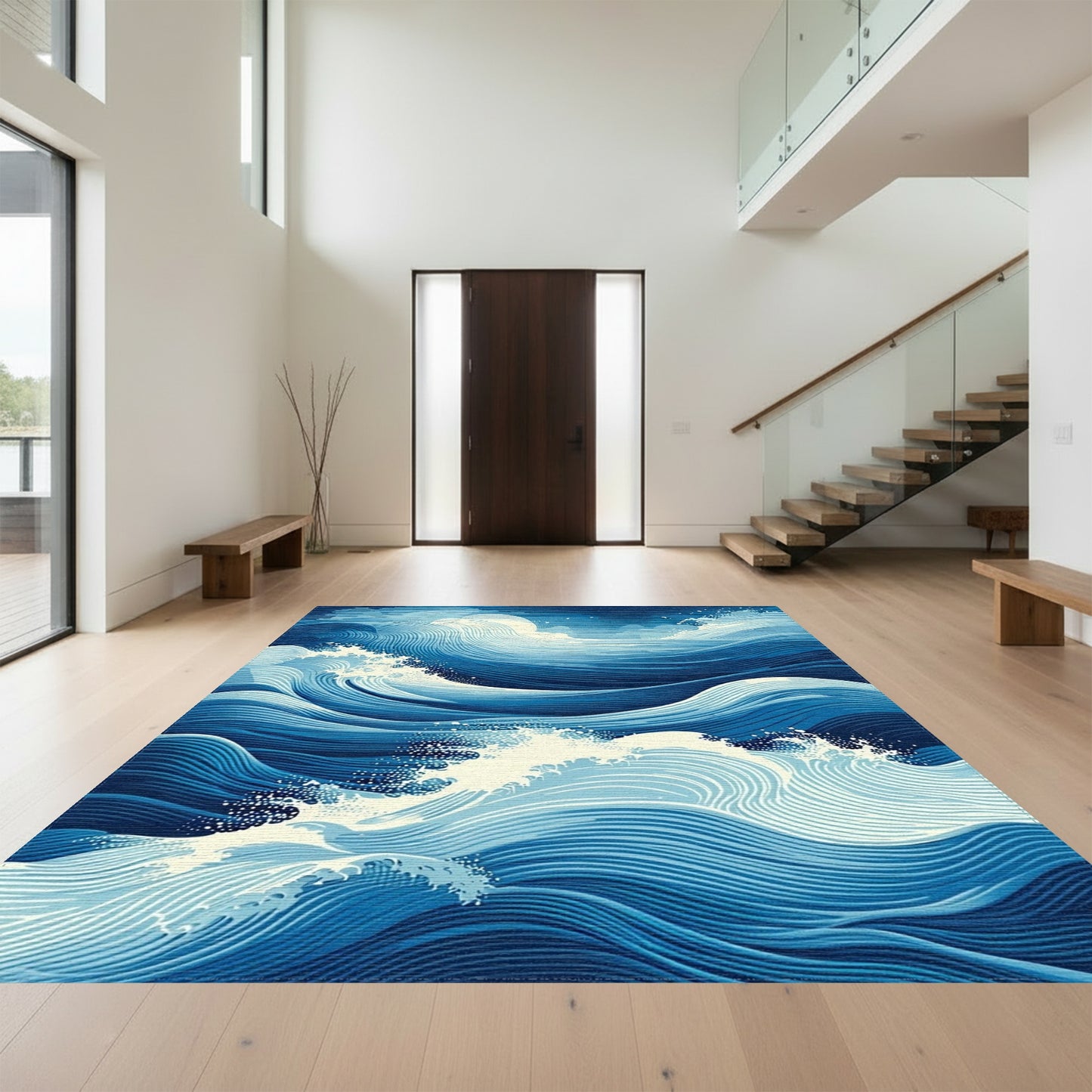 Navy Foamy Swirling Waves Rug