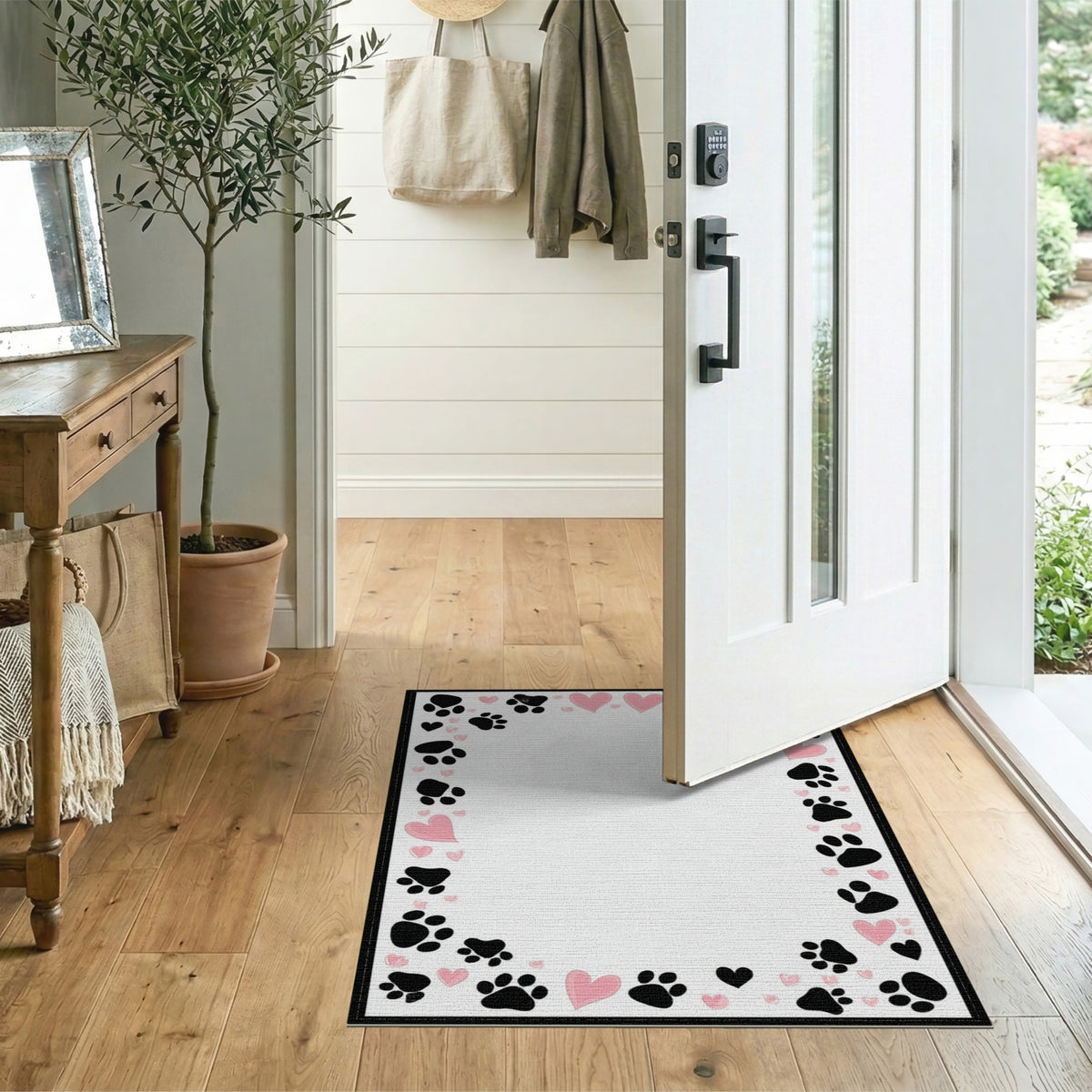 Black Paw Print Pink Heart Kids Rug
