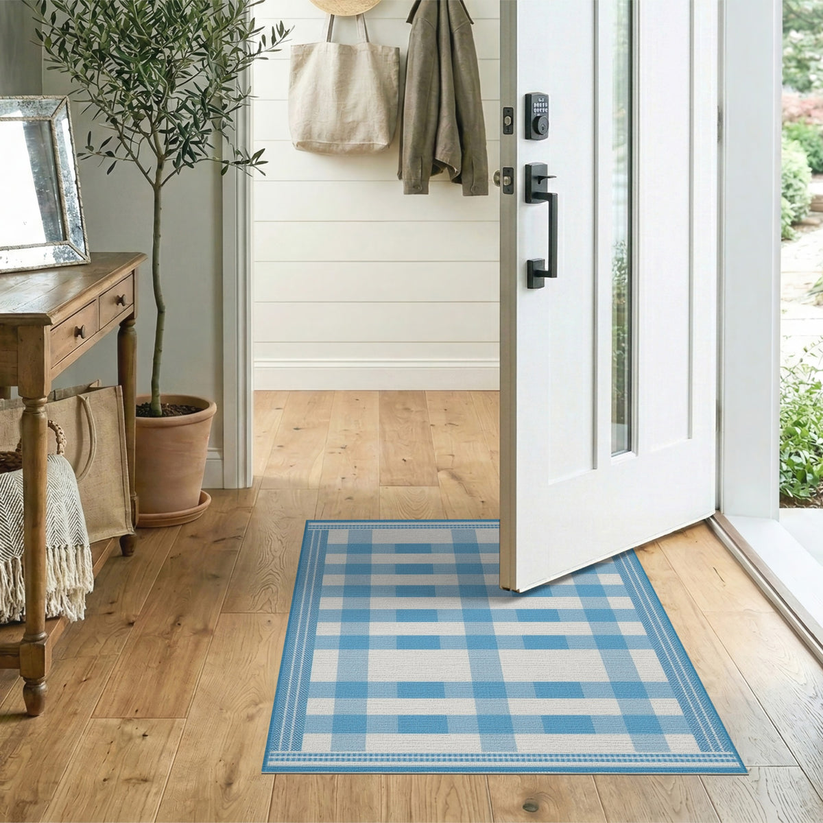 Coastal Beach Blue Gingham Checkered Washable Area Rug