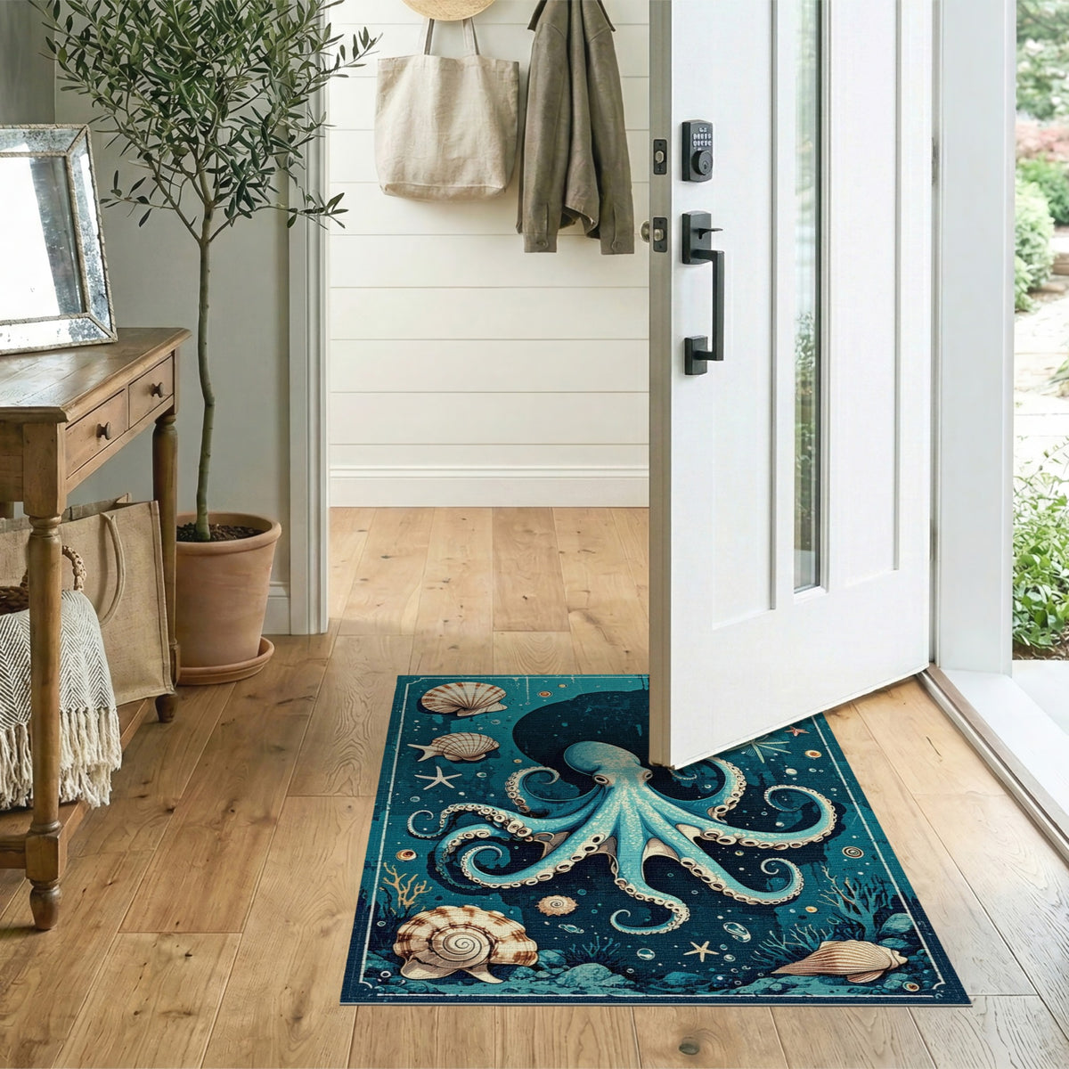 Coastal Beach Blue Octopus Coastal Area Rug