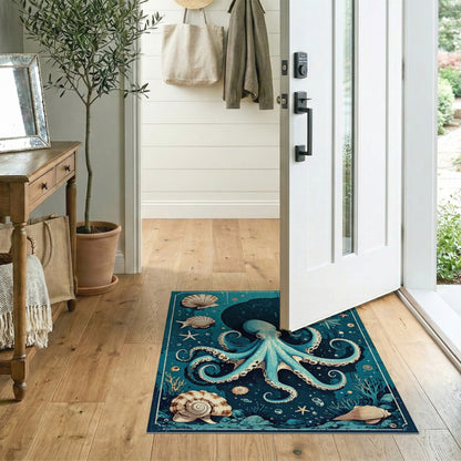 Coastal Beach Blue Octopus Coastal Area Rug