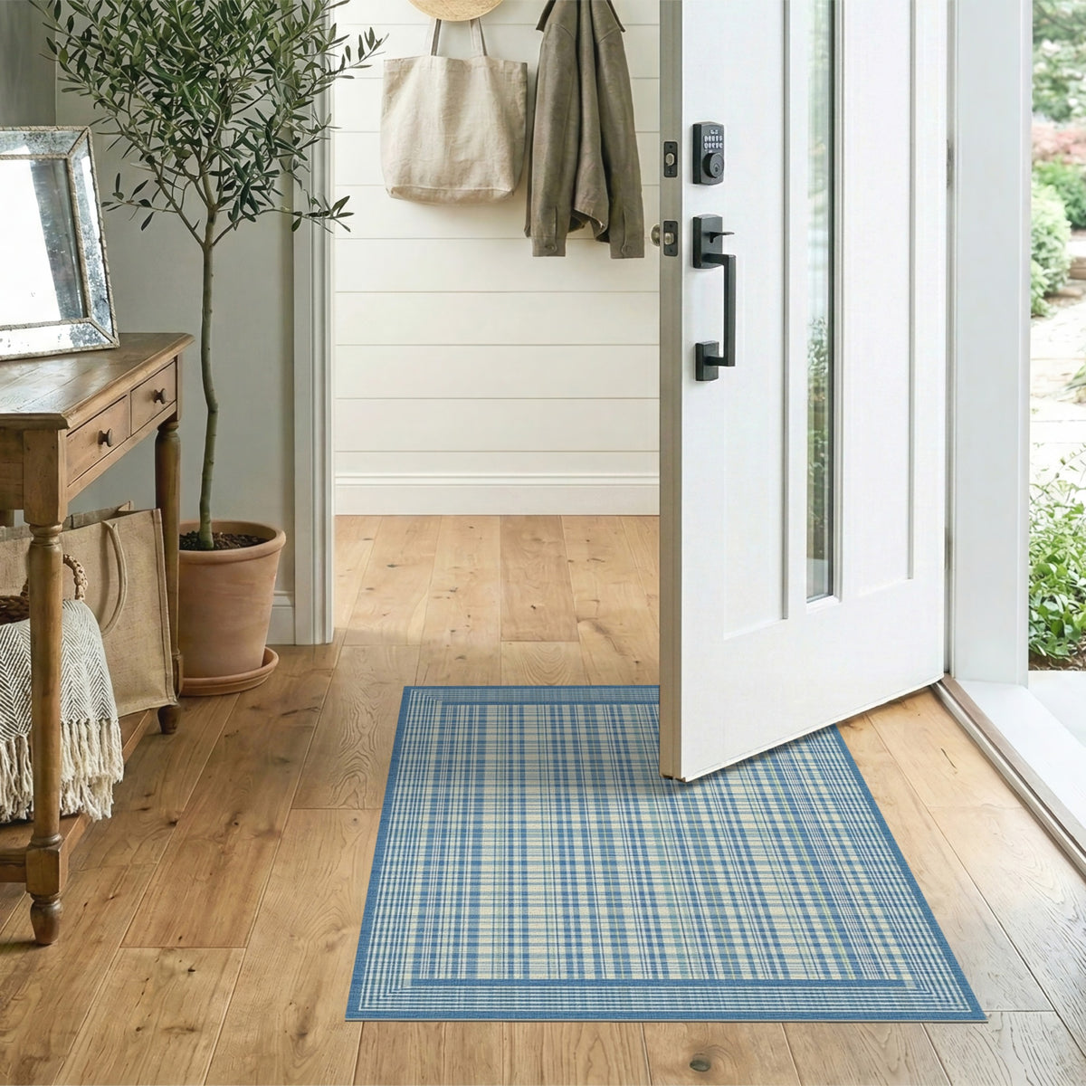 Blue Plaid Bordered Area Rug