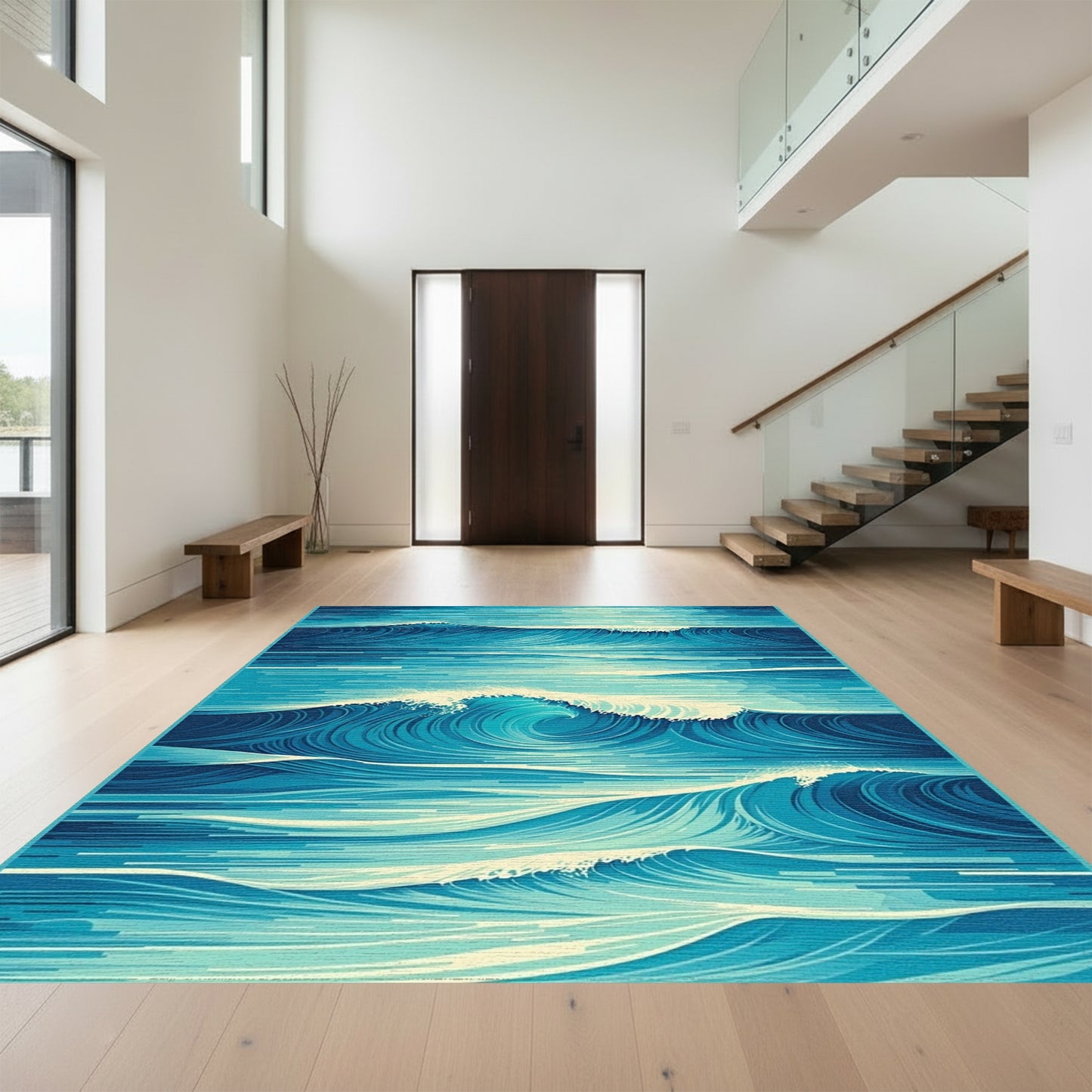 Teal Abstract Curling Waves Rug