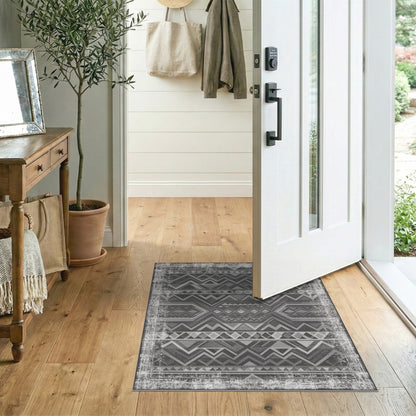 Distressed Black White Tribal Area Rug