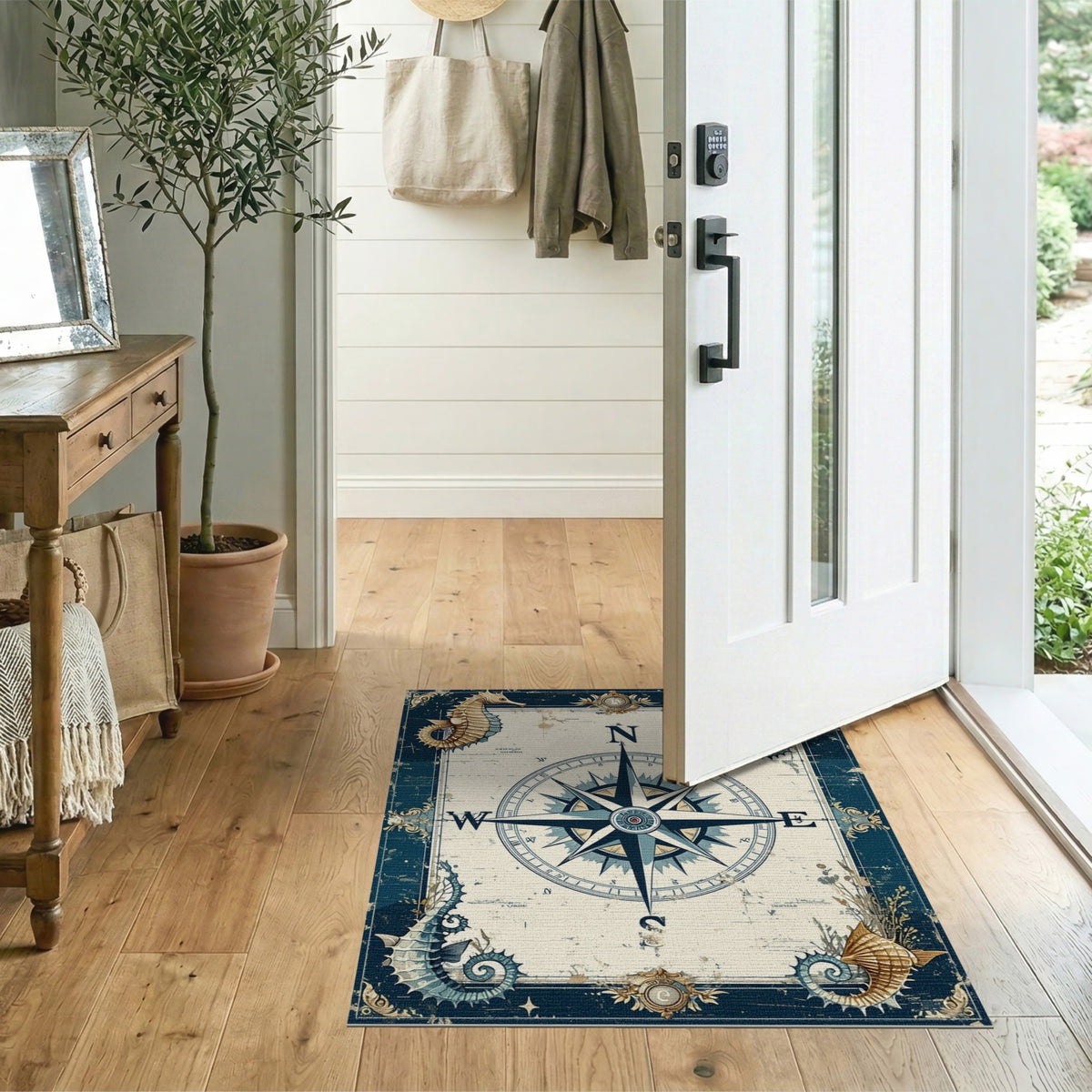 Vintage Compass Seahorse Blue Area Rug