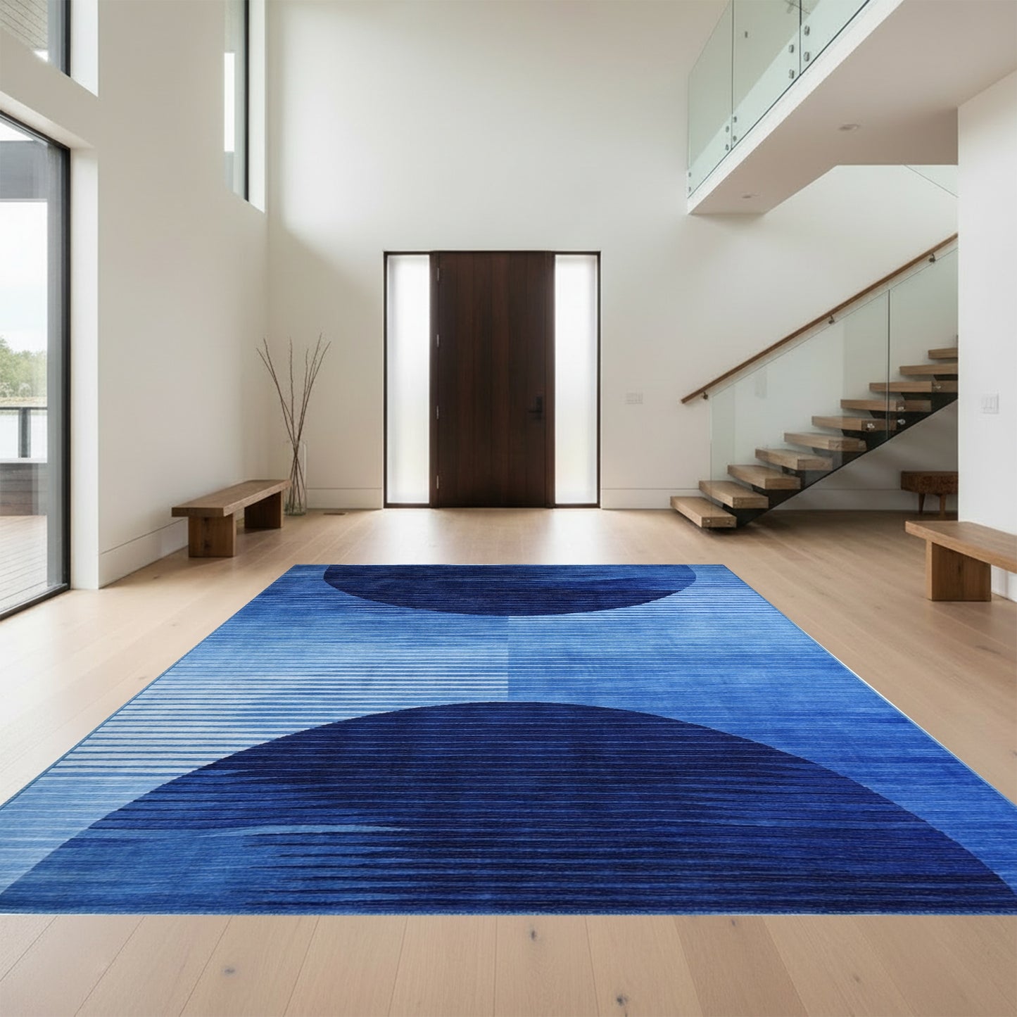 Navy Dual Striped Semicircles Rug