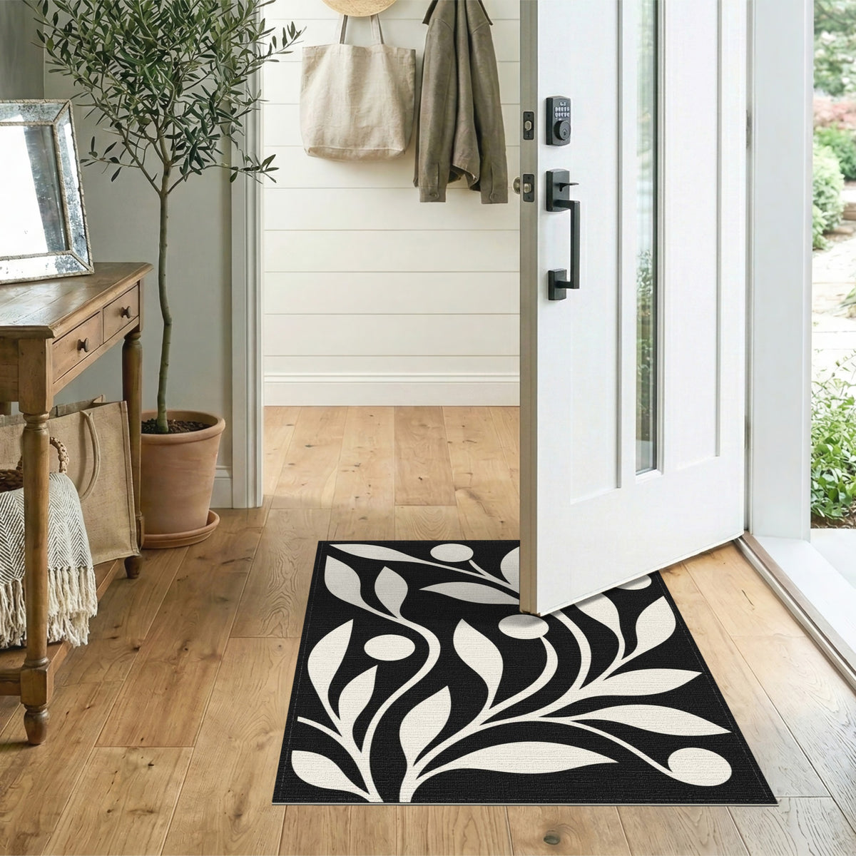 Black and White Abstract Area Black White Abstract Leaf Area Rug