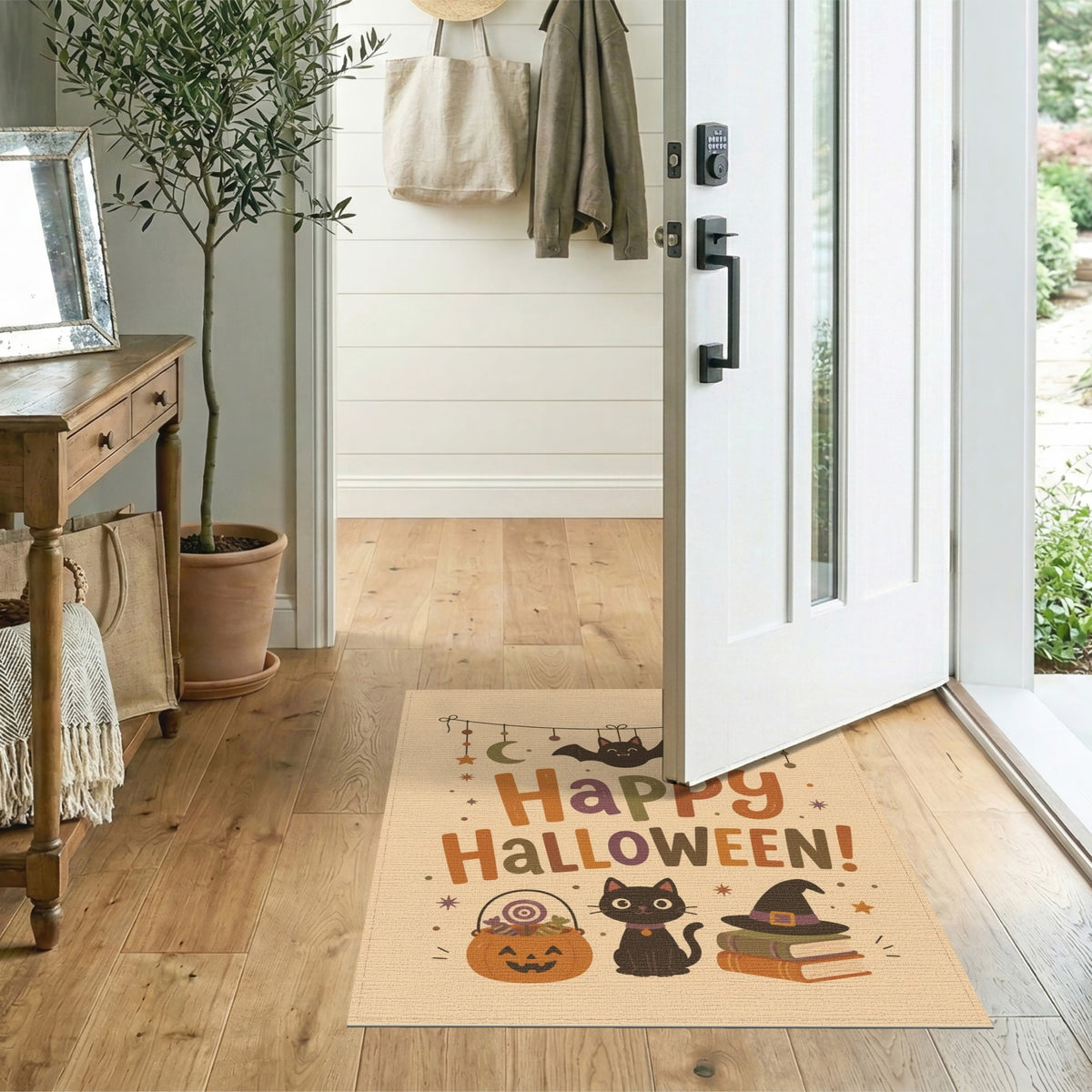 Multi-color and Patterns Happy Halloween Black Cat Kids Area Rug