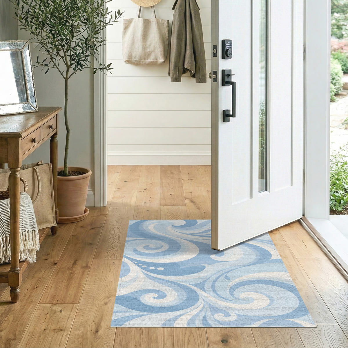 Blue and Teal Blue Swirl Abstract Washable Area Rug