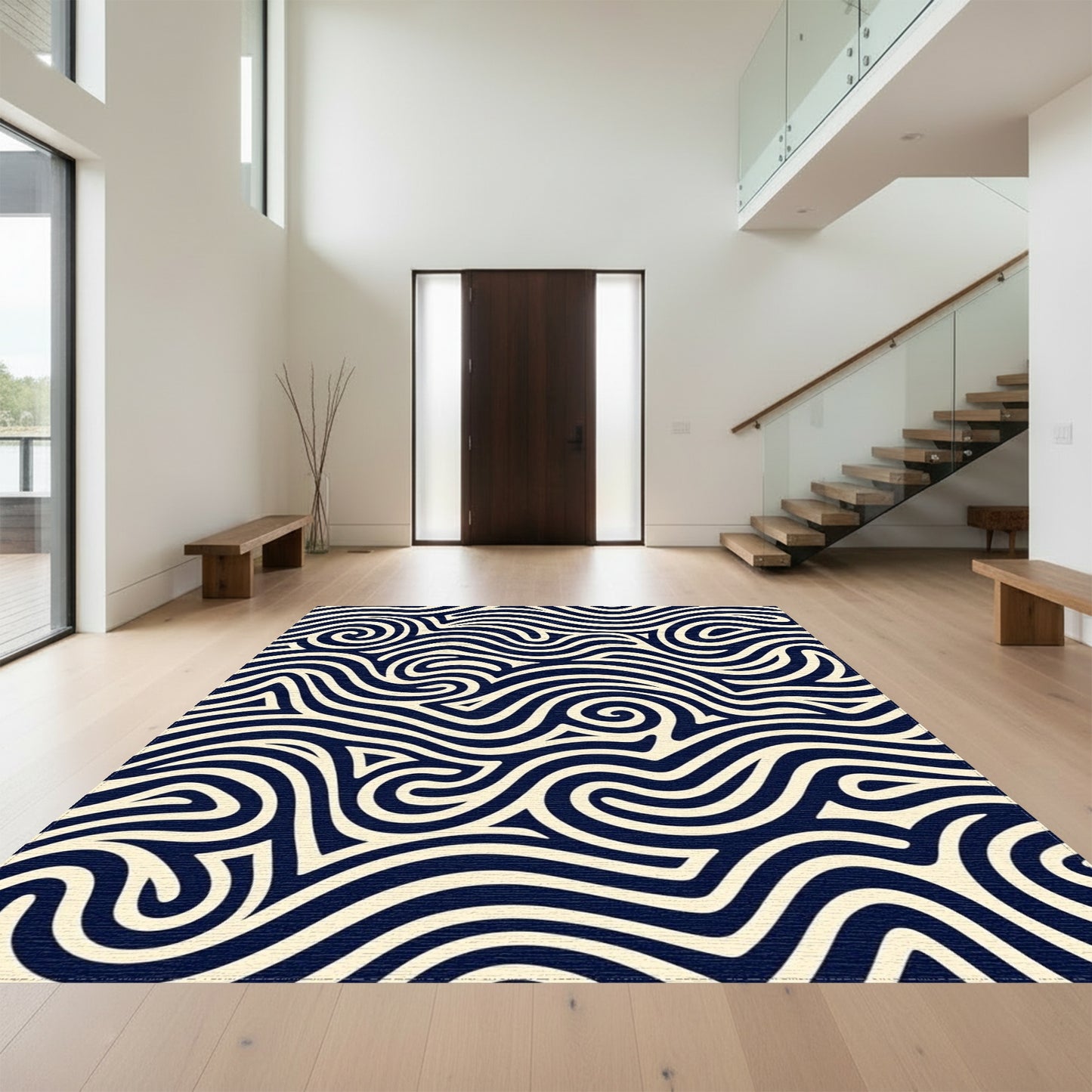 Navy Cream Swirling Waves Rug