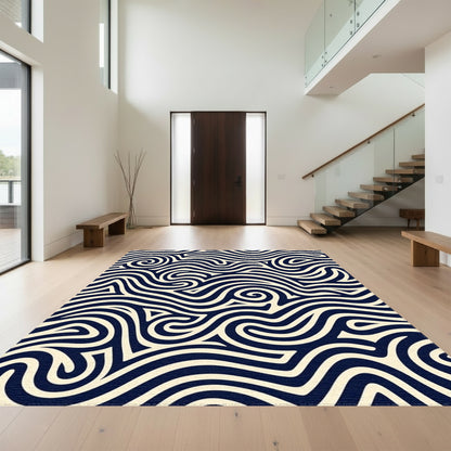 Navy Cream Swirling Waves Rug