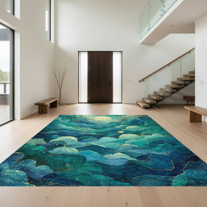 Teal Layered Clouds Moon Sparkle Rug