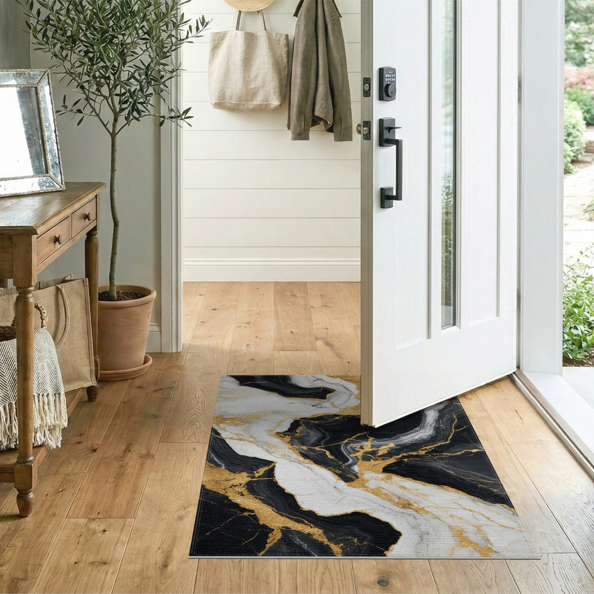 Abstract Area Black and White Black White Gold Marble Area Rug