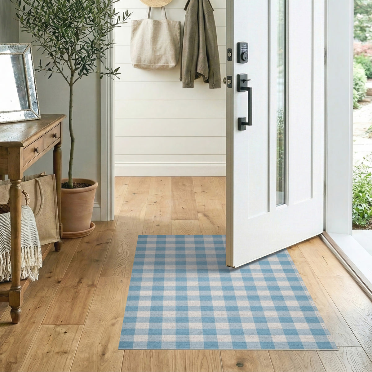 Coastal Beach Blue Gingham Checkered Area Rug