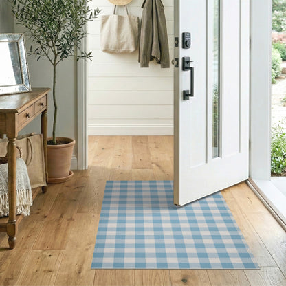 Coastal Beach Blue Gingham Checkered Area Rug