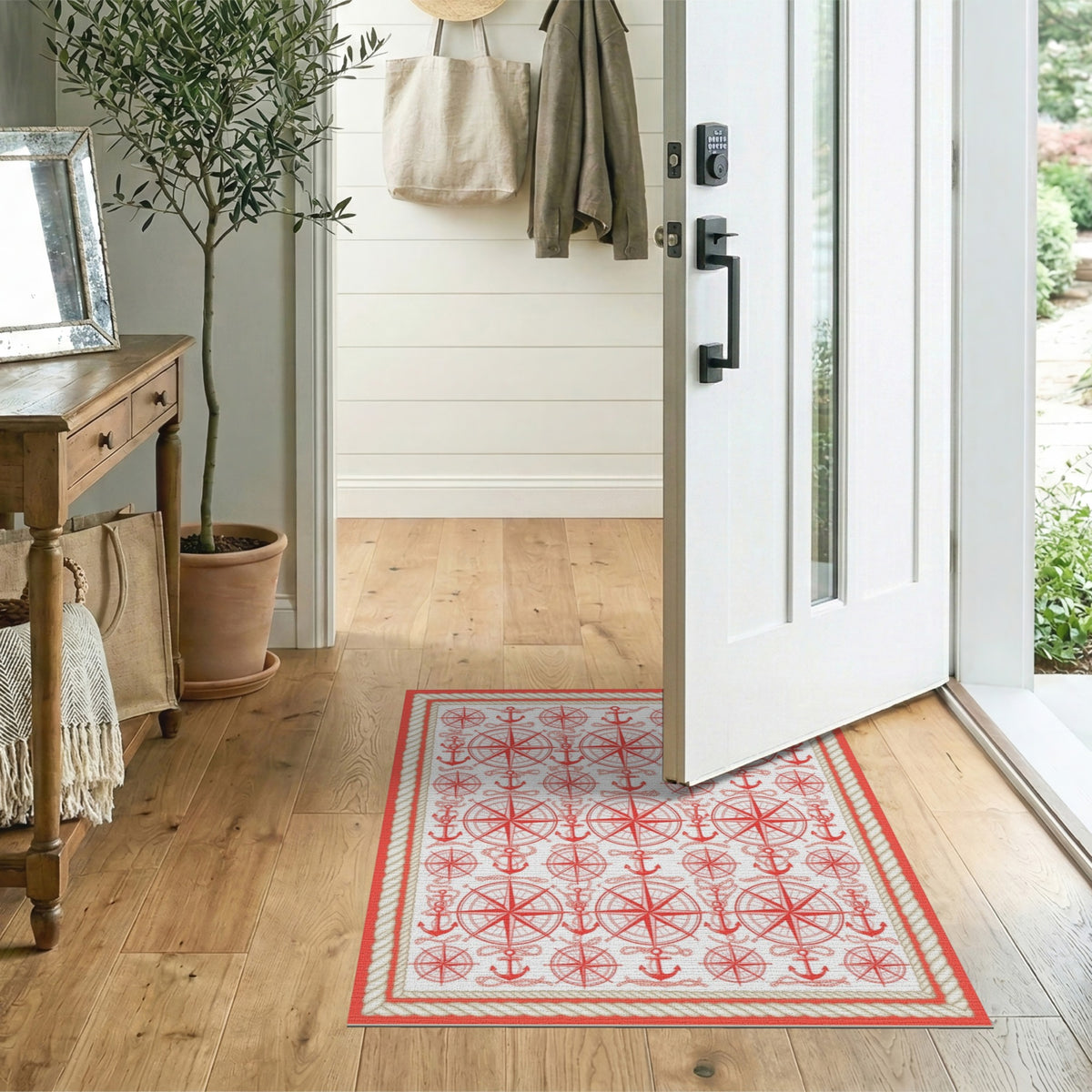 Coastal Beach Red Nautical Anchor Compass Area Rug