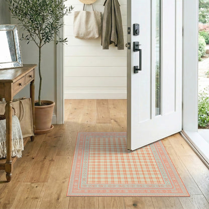 Orange Gingham Area Rug with Teal Border