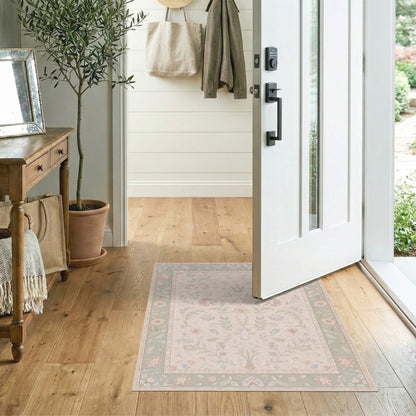 Beige Floral Vintage Area Rug with Sage Border