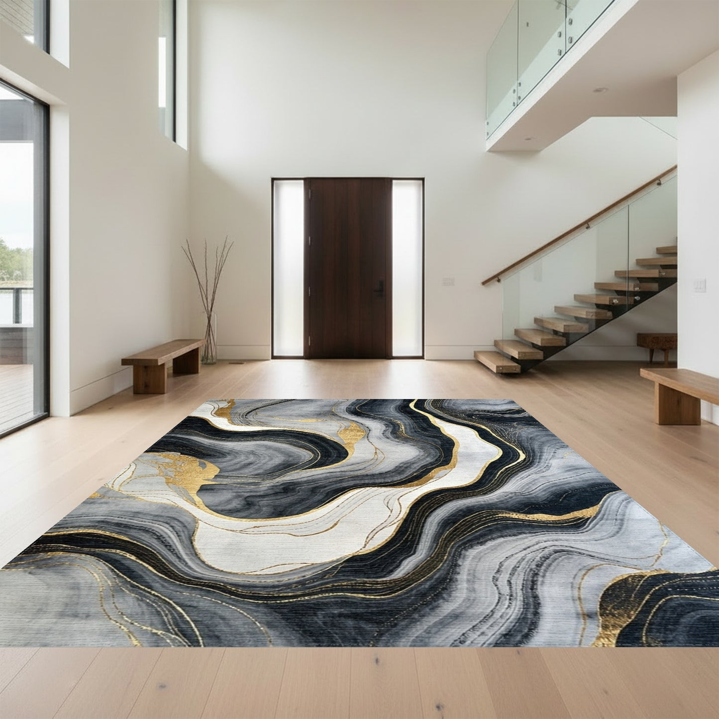Gray Black Gold Vein Marble Rug