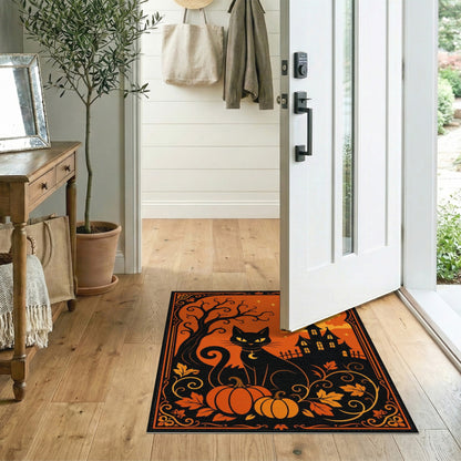 Orange Black Cat Pumpkin Halloween Orange Area Rug