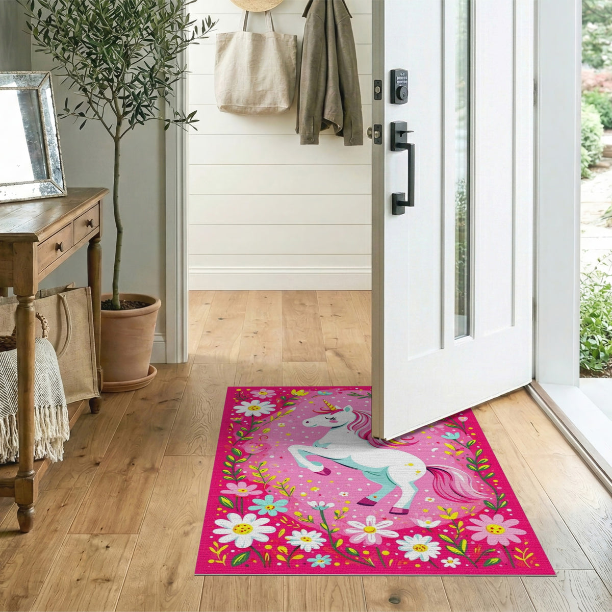 Pink Unicorn Floral Kids Area Rug