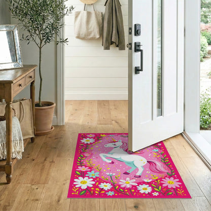 Pink Unicorn Floral Kids Area Rug