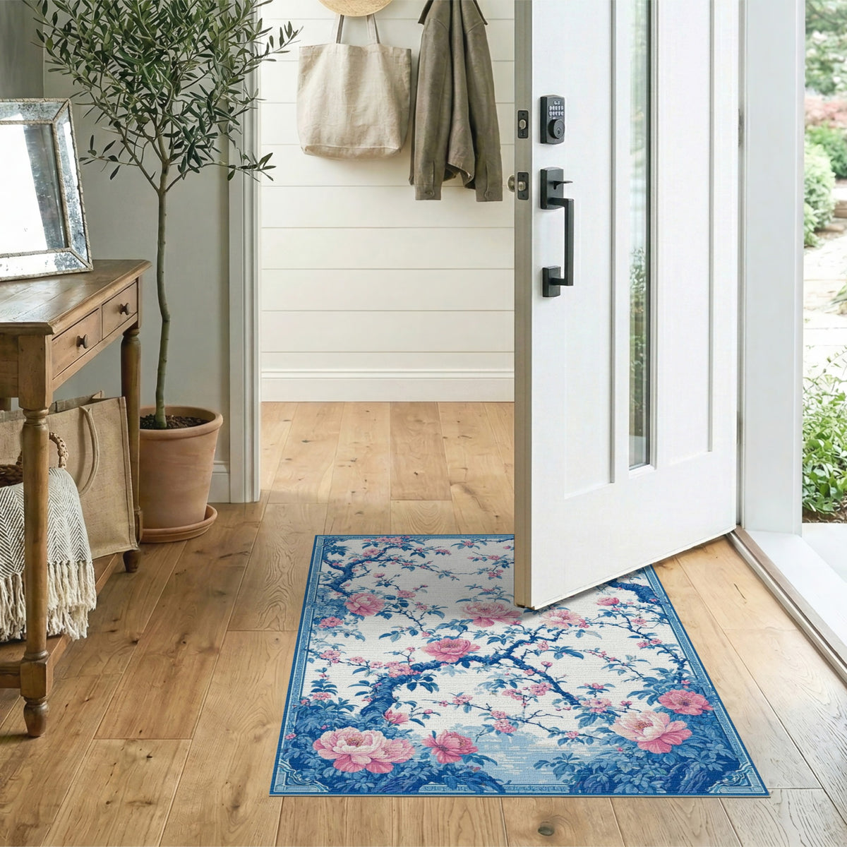 Blue Peony Floral Washable Area Rug